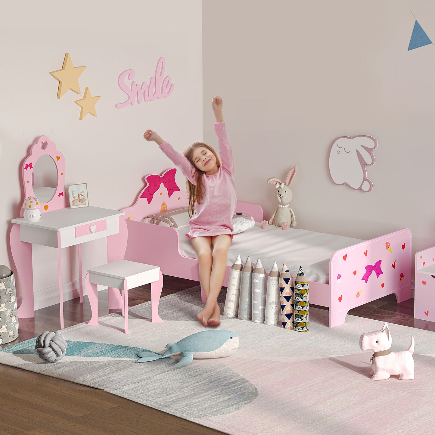 3PCs Kids Bedroom Furniture Set with Bed, Dressing Table and Stool
