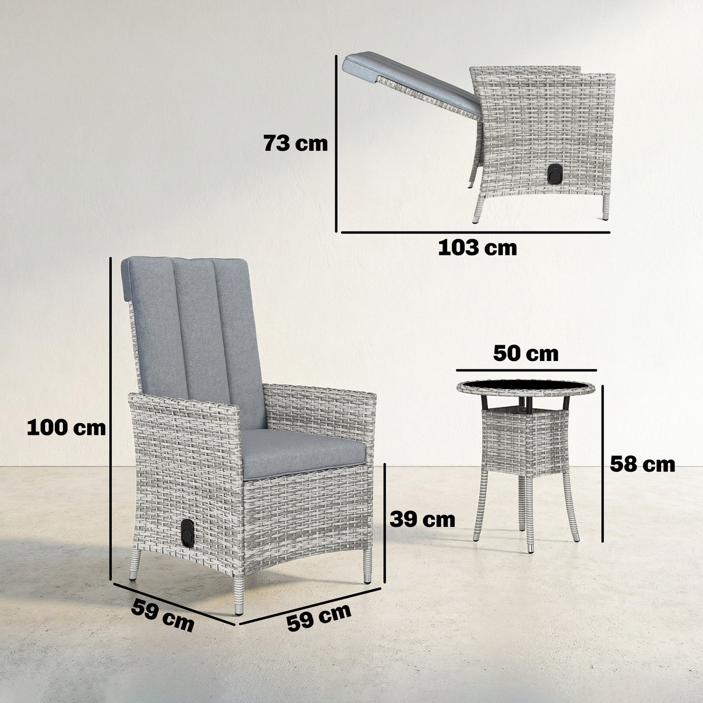 Rattan Bistro Set, Reclining Garden Chairs and Glass Coffee Table