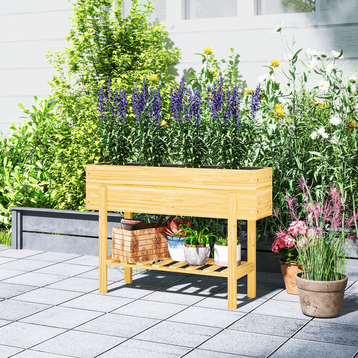 Wooden Raised Garden Bed, Elevated Planter Box with Bed Liner