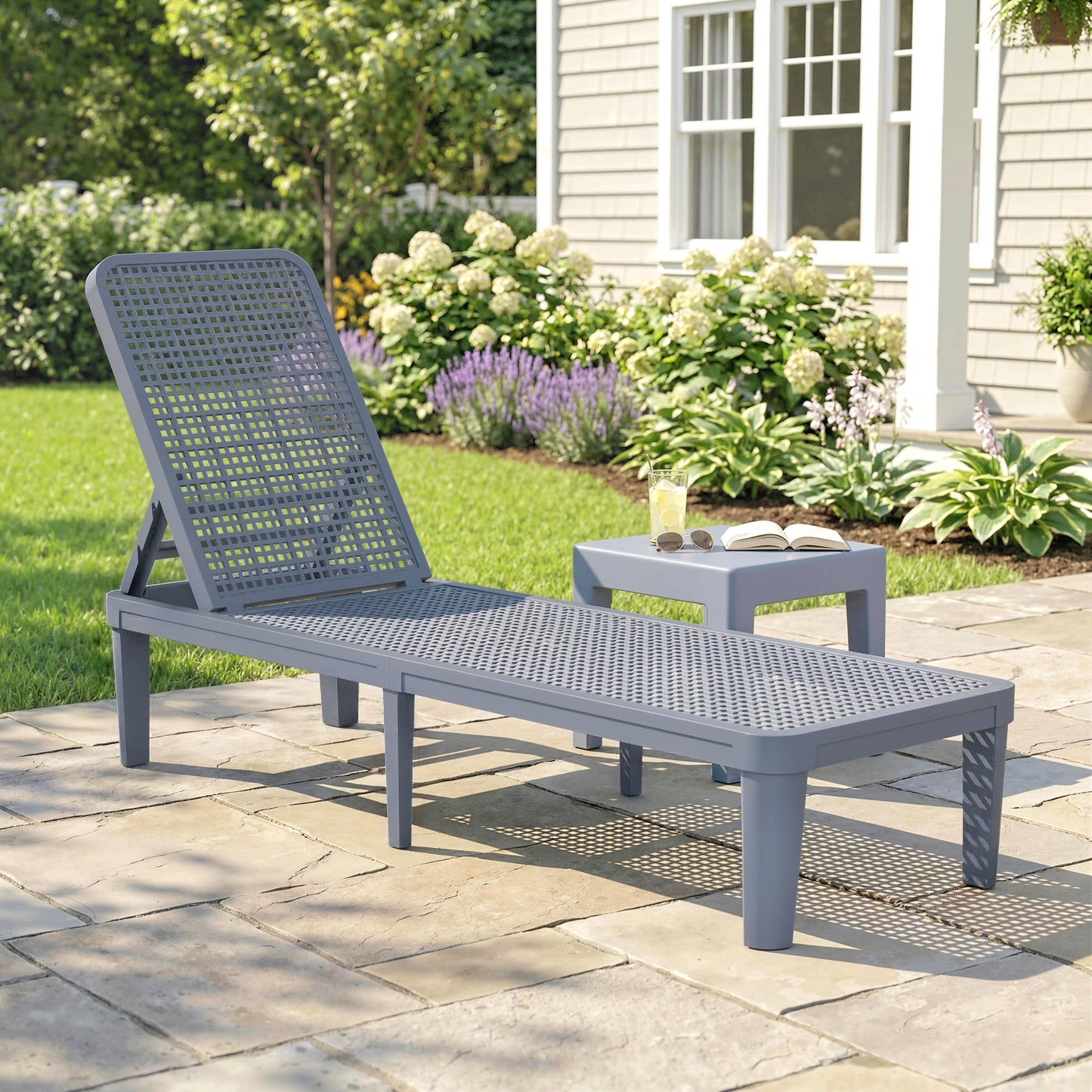 Plastic Sun Lounger, 4-Position Adjustable Reclining Garden Lounger