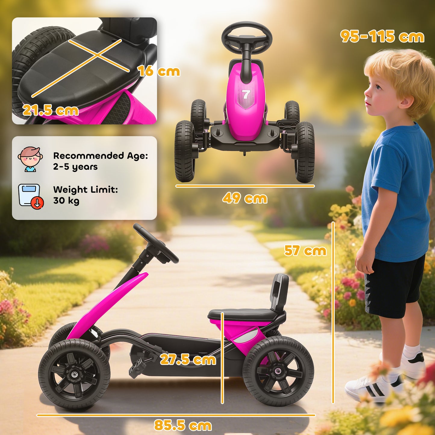 Pedal Go Kart for Kids 2-5 Years, with Silent EVA Wheels, Metal Frame