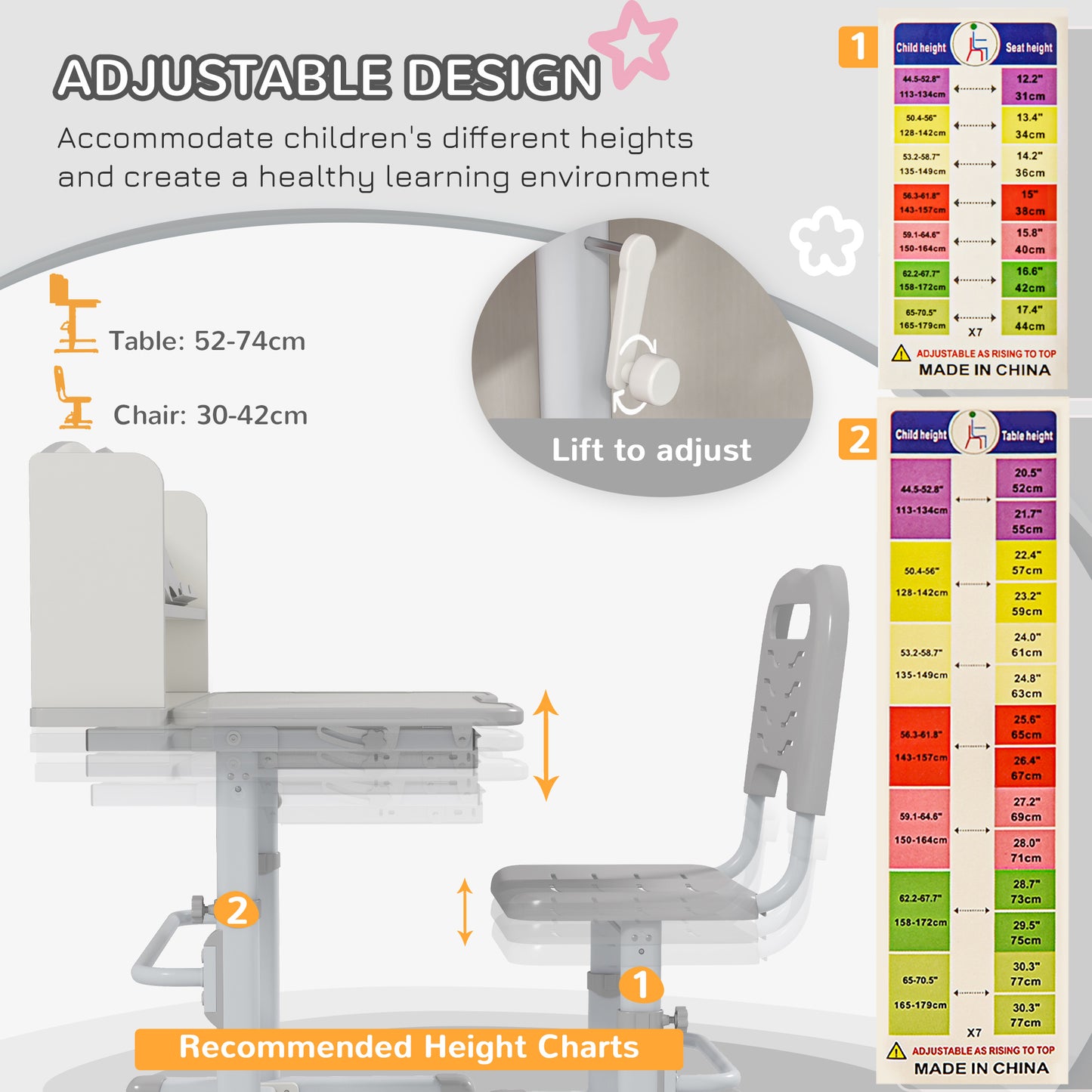 Height Adjustable Kids Study Table and Chair Set, with Drawer