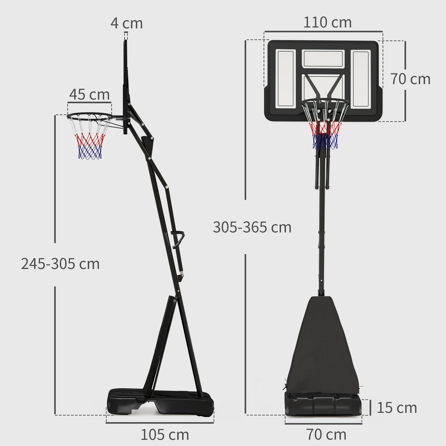 245-305cm Adjustable Basketball Hoop and Stand, with Wheels