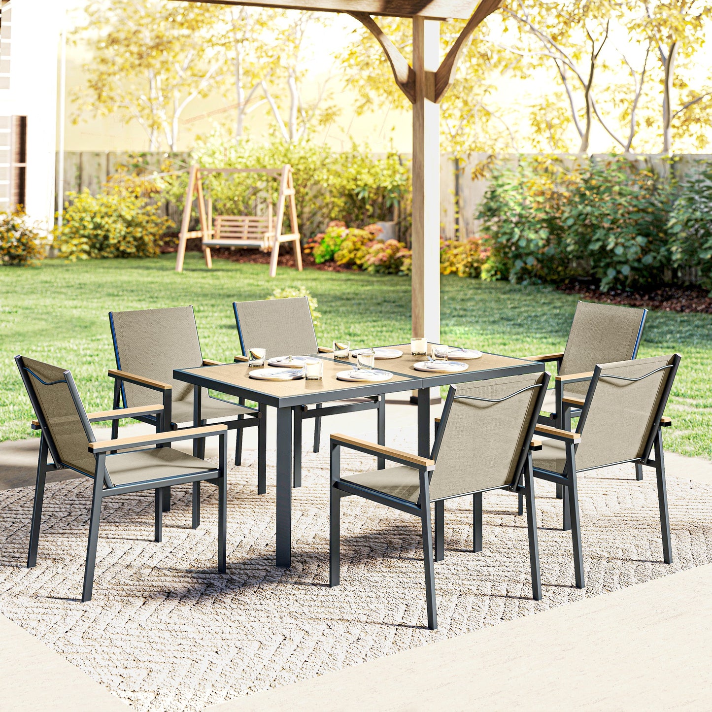 Seven-Piece Metal Garden Dining Set, with Glass-Top Table