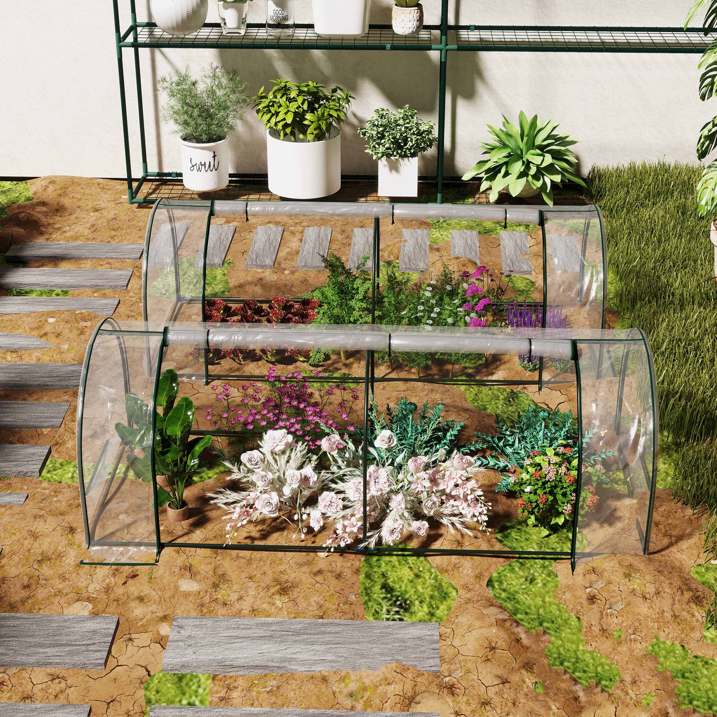 Set of 2 Tunnel Greenhouse, Green Grow House with Roll-up Door