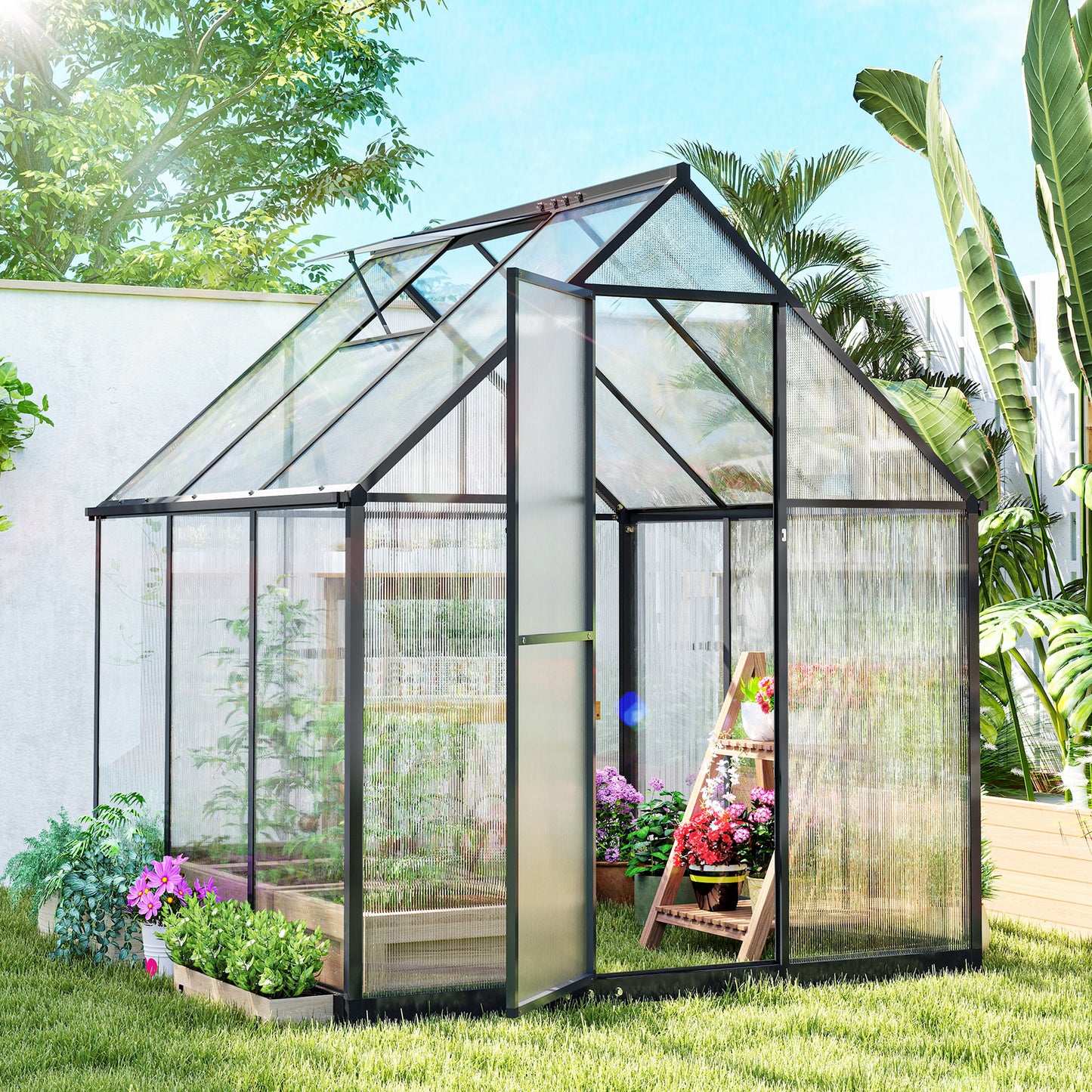 Polycarbonate Greenhouse with Swing Door and Adjustable Window