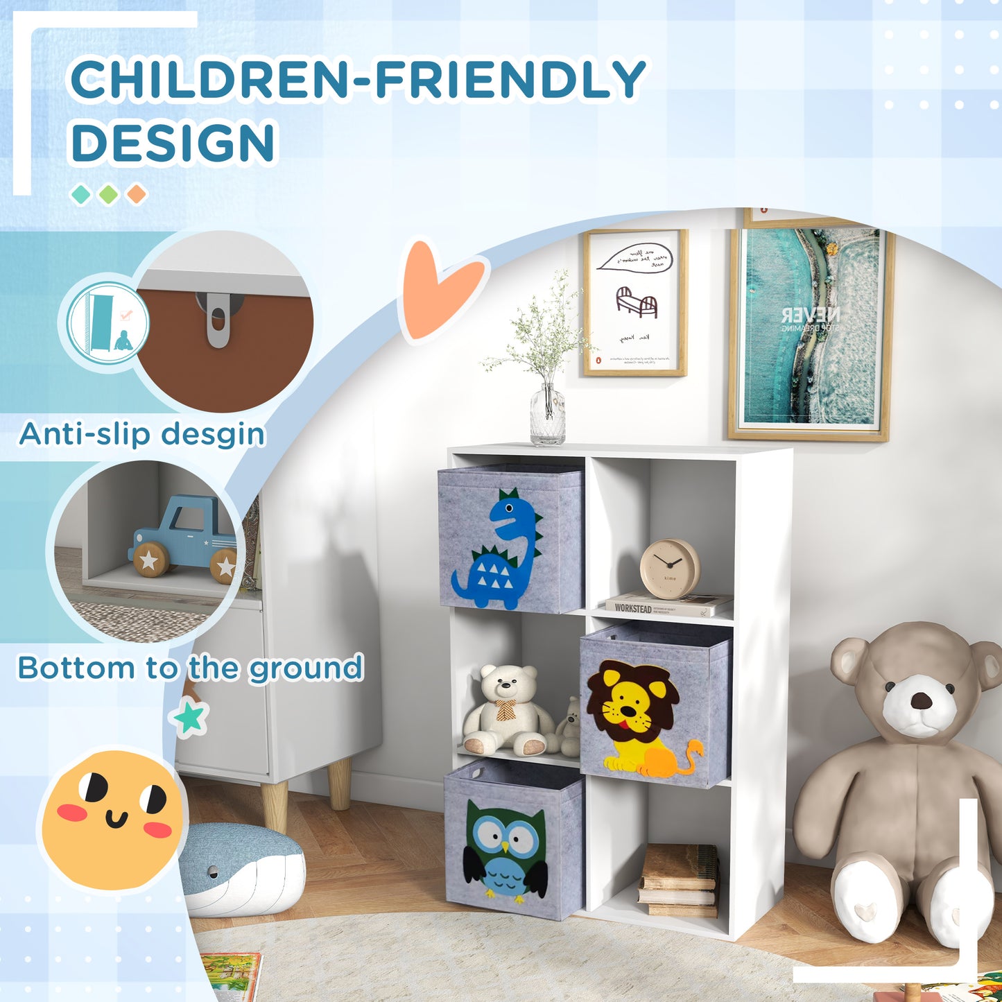 Kids Toy Box with Three Non-Woven Fabric Drawers, 61.8 x 29.9 x 91.5cm