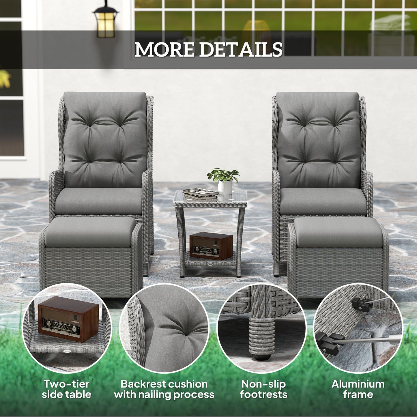 5 Pieces Rattan Bistro Set with Adjustable Back
