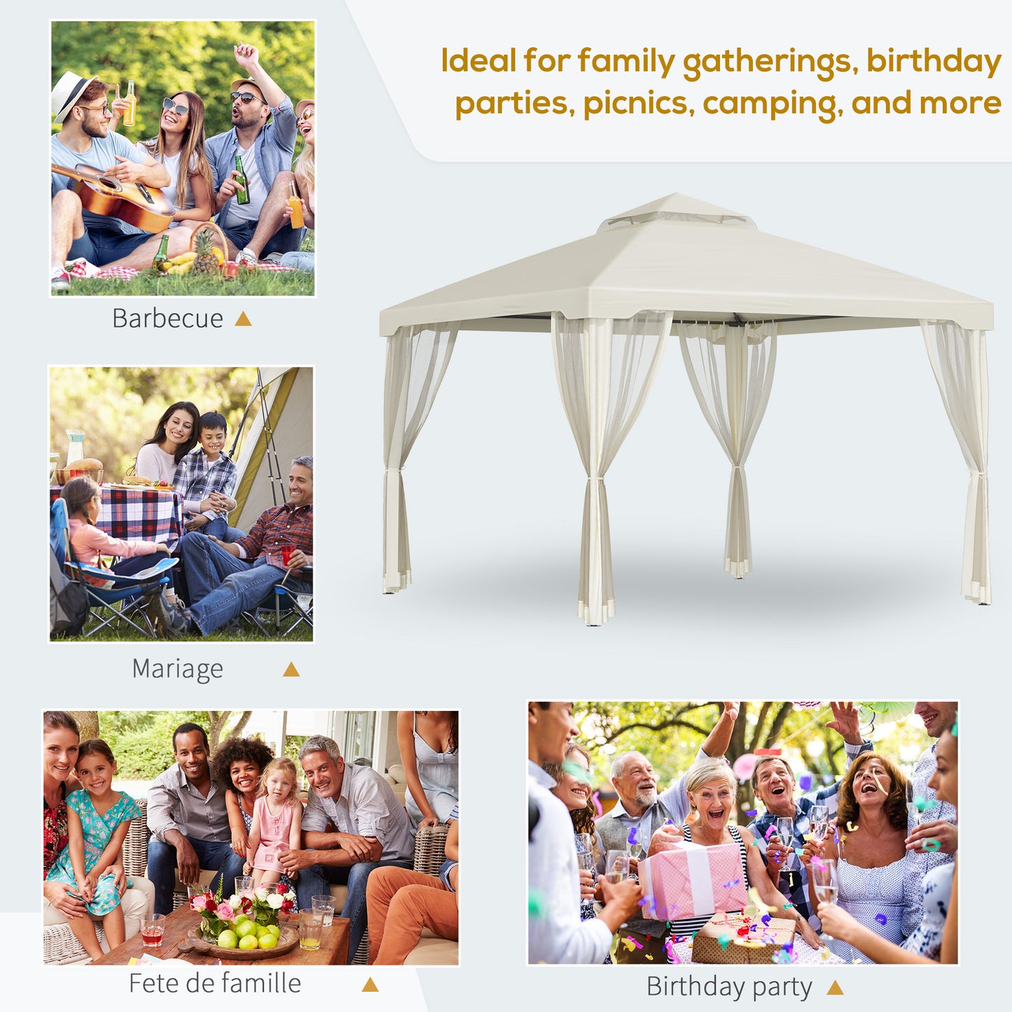 3 x 3 m Metal Gazebo, Double Roof Canopy Shelter with Mesh Sidewalls