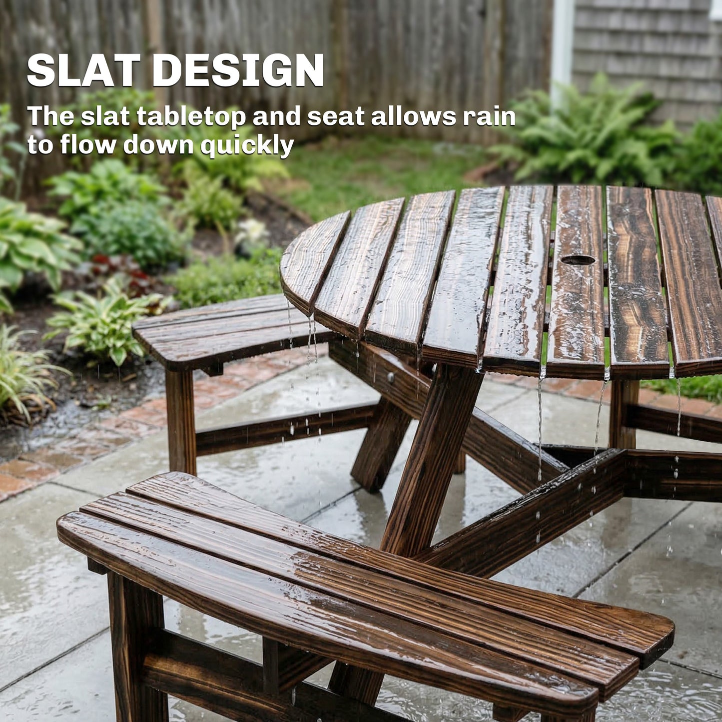 Wooden Garden Dining Set, 6 Seater Round Dining Picnic Table (2)