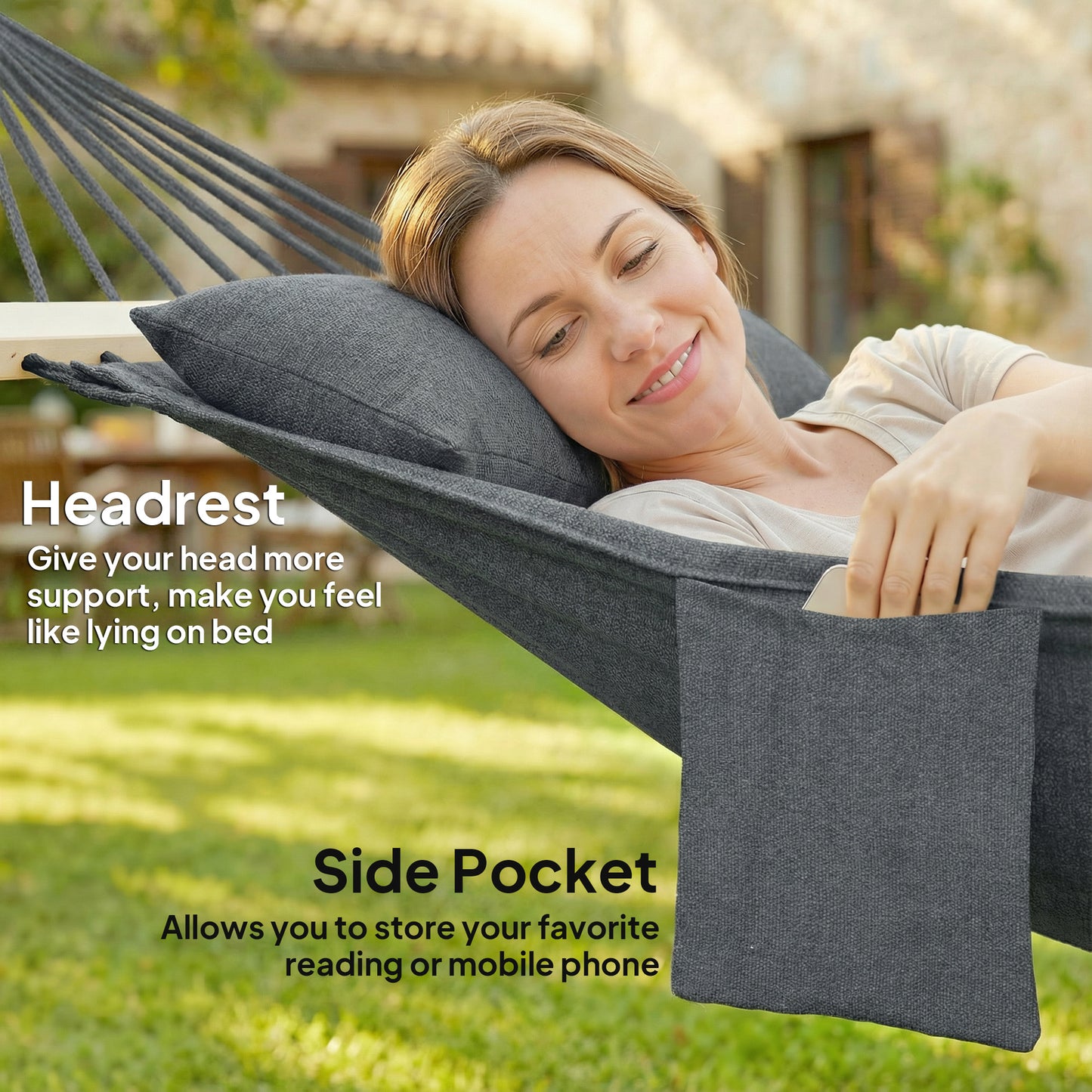 Cotton Hammock, Soft Portable Swing Sleeping w/ Headrest & Side Pocket