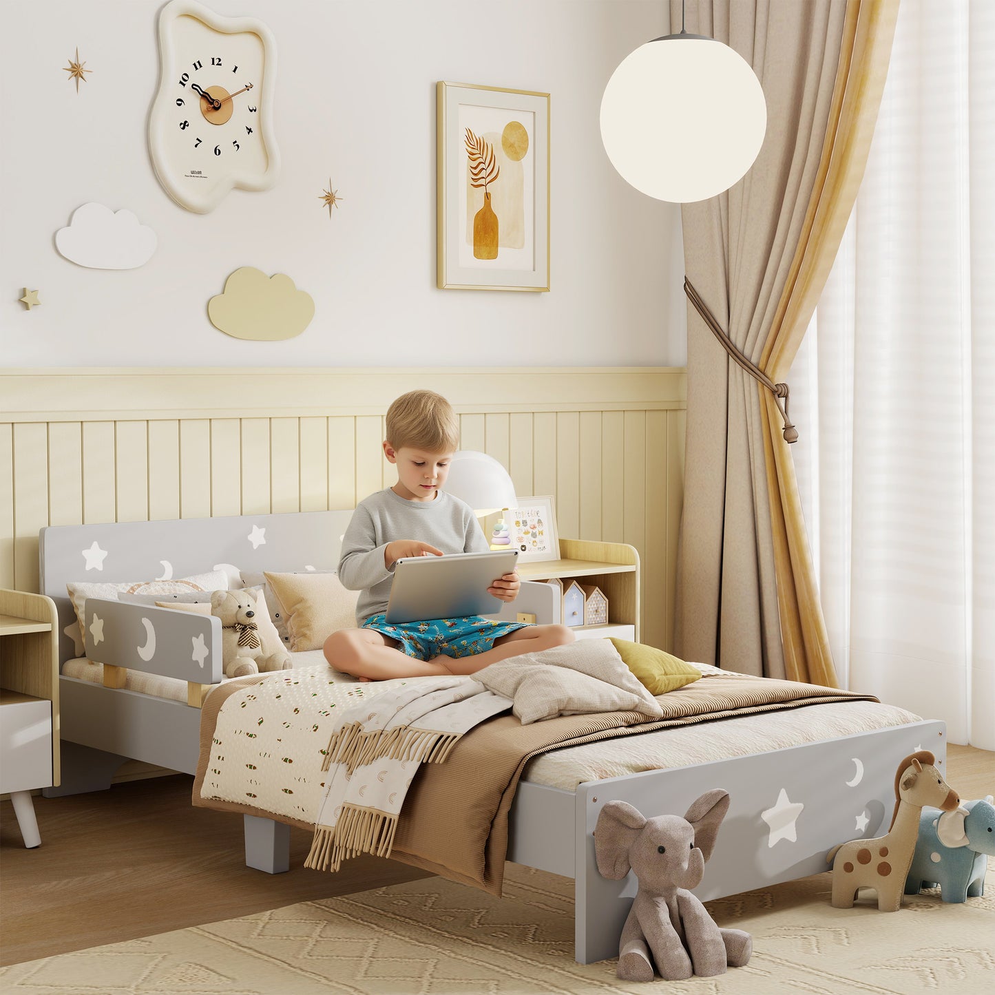 Kids Toddler Bed, with Star and Moon Patterns, Side Rails