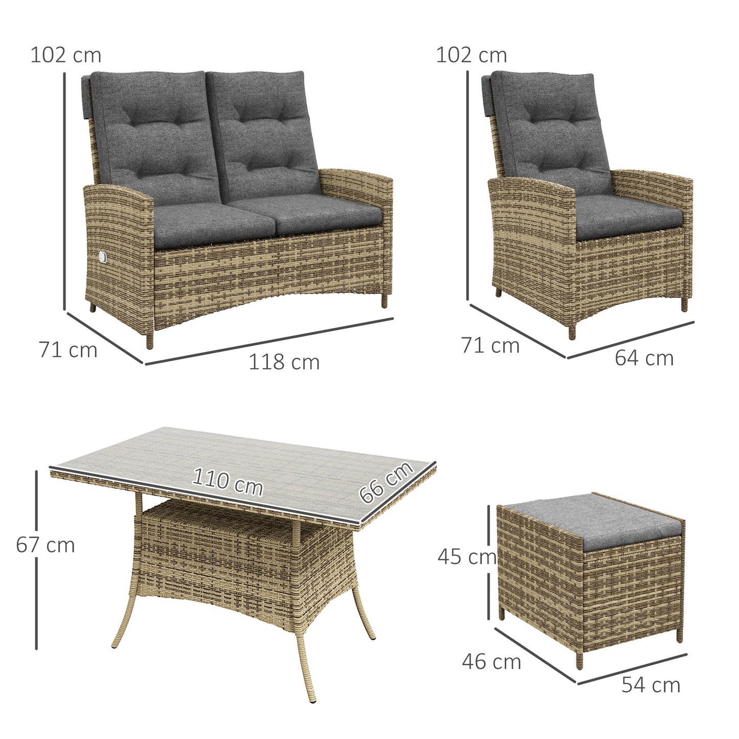 Six-Piece Rattan Garden Set, with Reclining Chairs