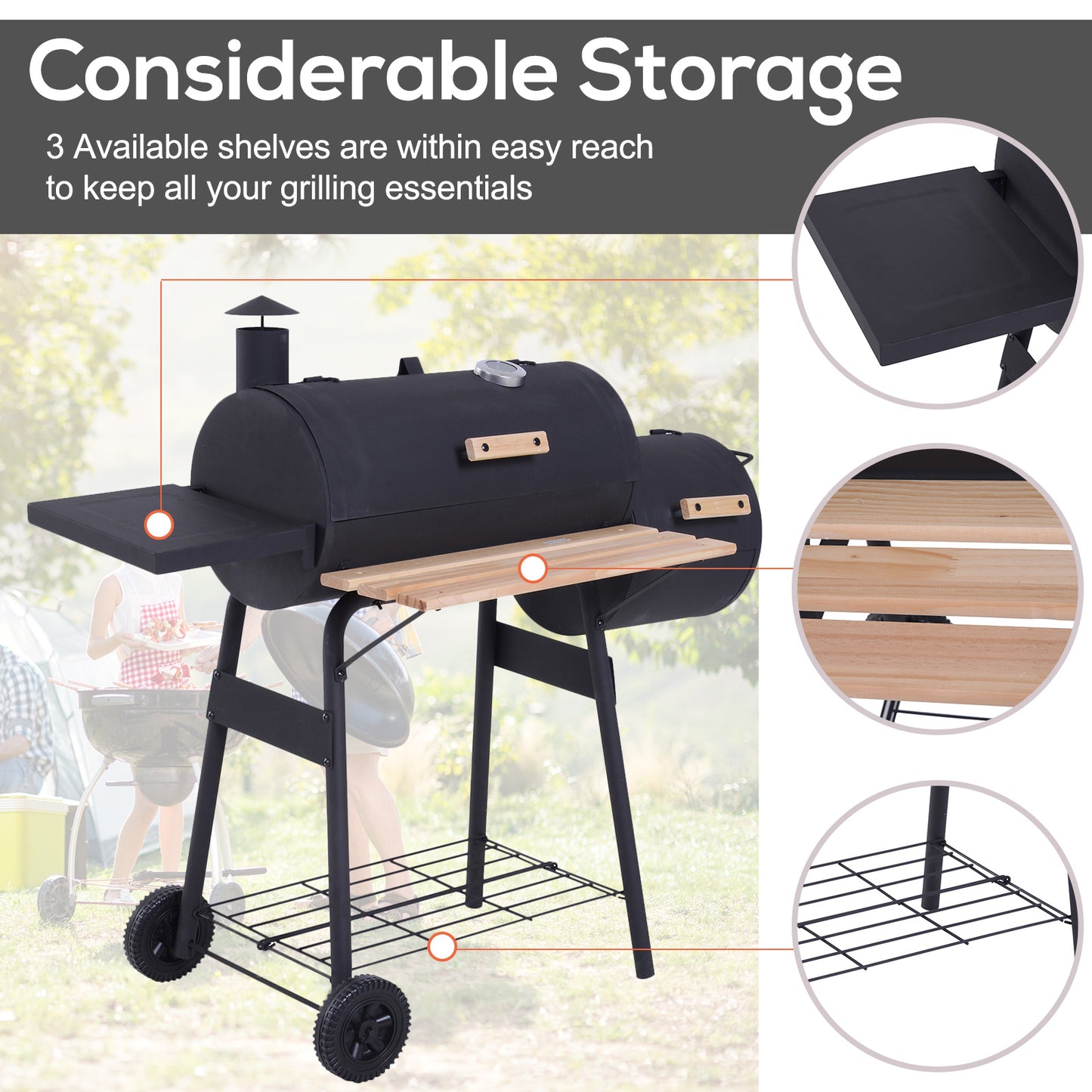 Portable Charcoal BBQ Grill, Cold-rolled Steel, Solid Wood