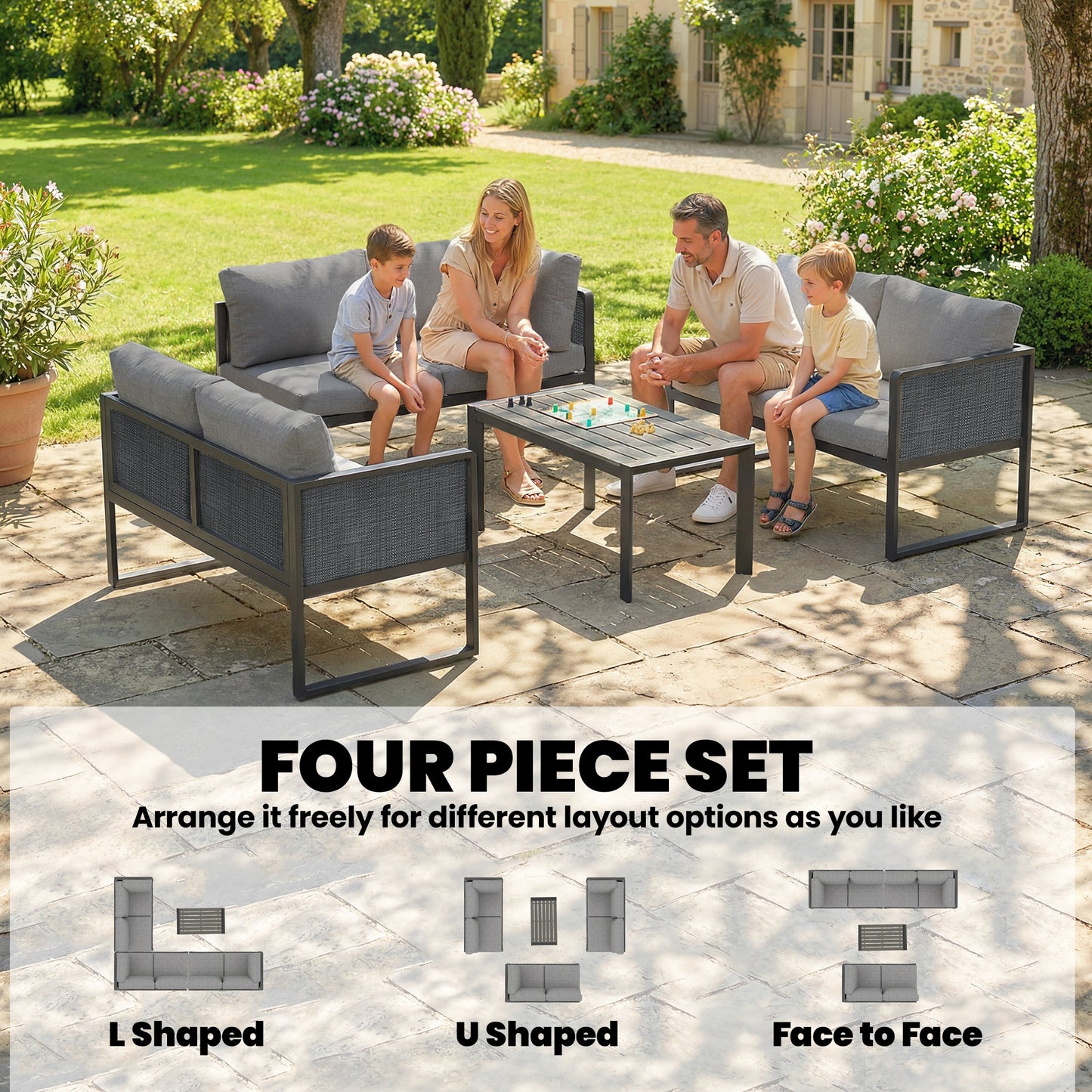 6 Seater Metal Garden Furniture Corner Sofa Set with 3 Loveseats