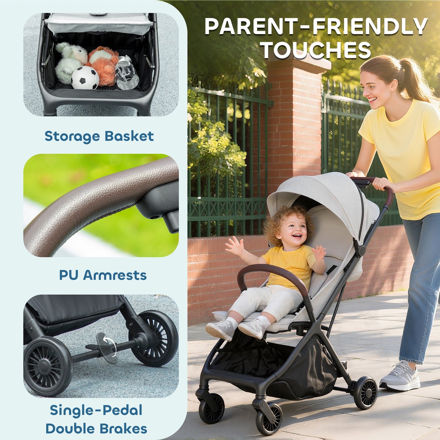 Foldable Baby Stroller with Adjustable Seat, 5-Point Harness, Canopy