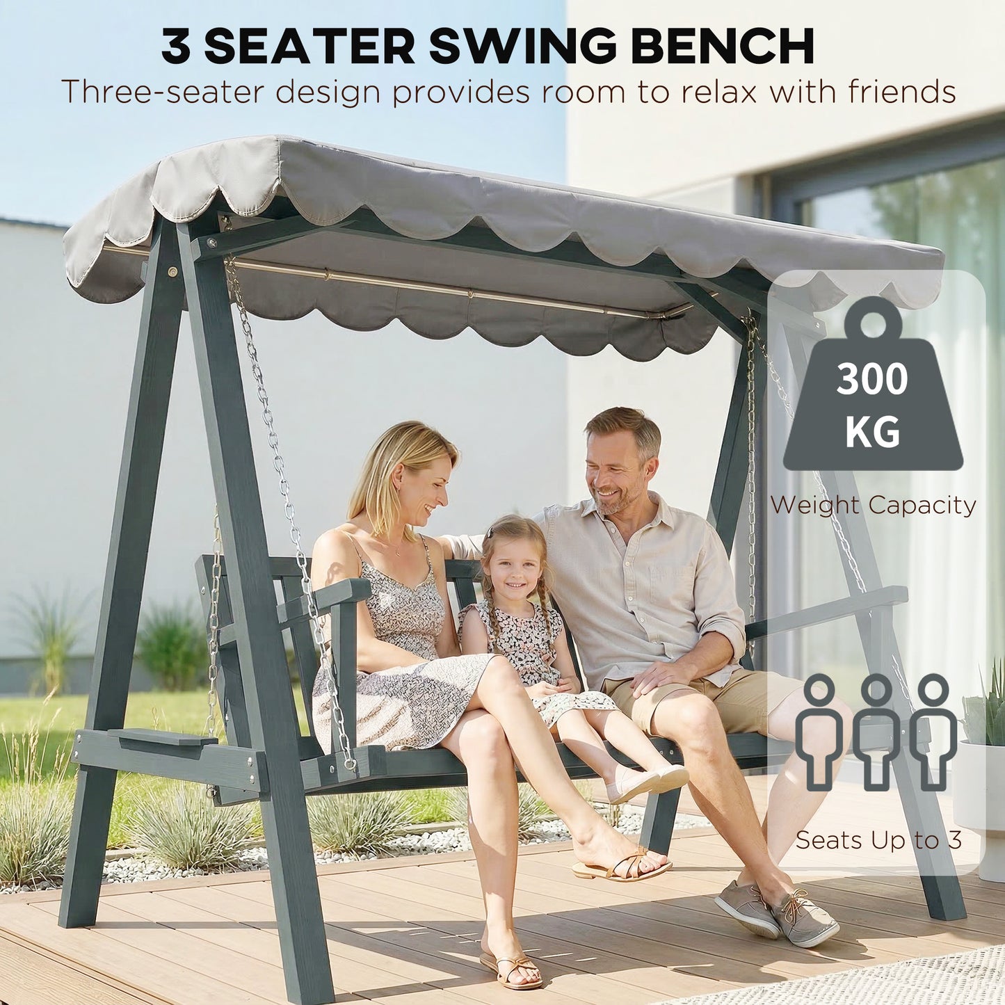 3 Seater Garden Swing Seat with Canopy, Wooden Swing Chair