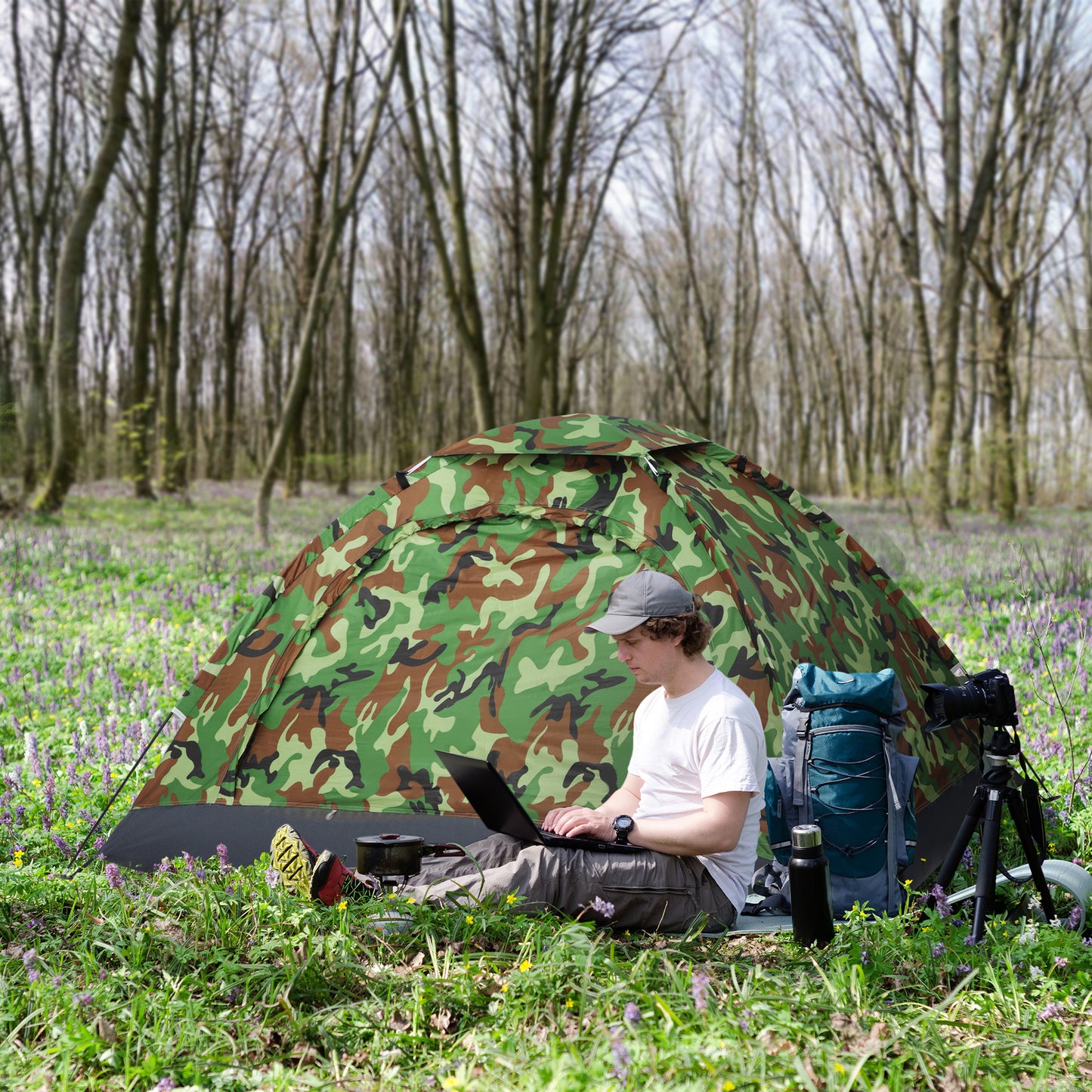 2 Person Camping Tent, Dome Tent with Zipped Doors, Storage Pocket