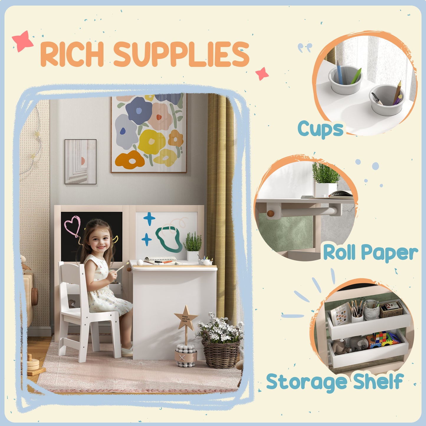 3 in 1 Kids Table and Chair Set with Storage, Whiteboard