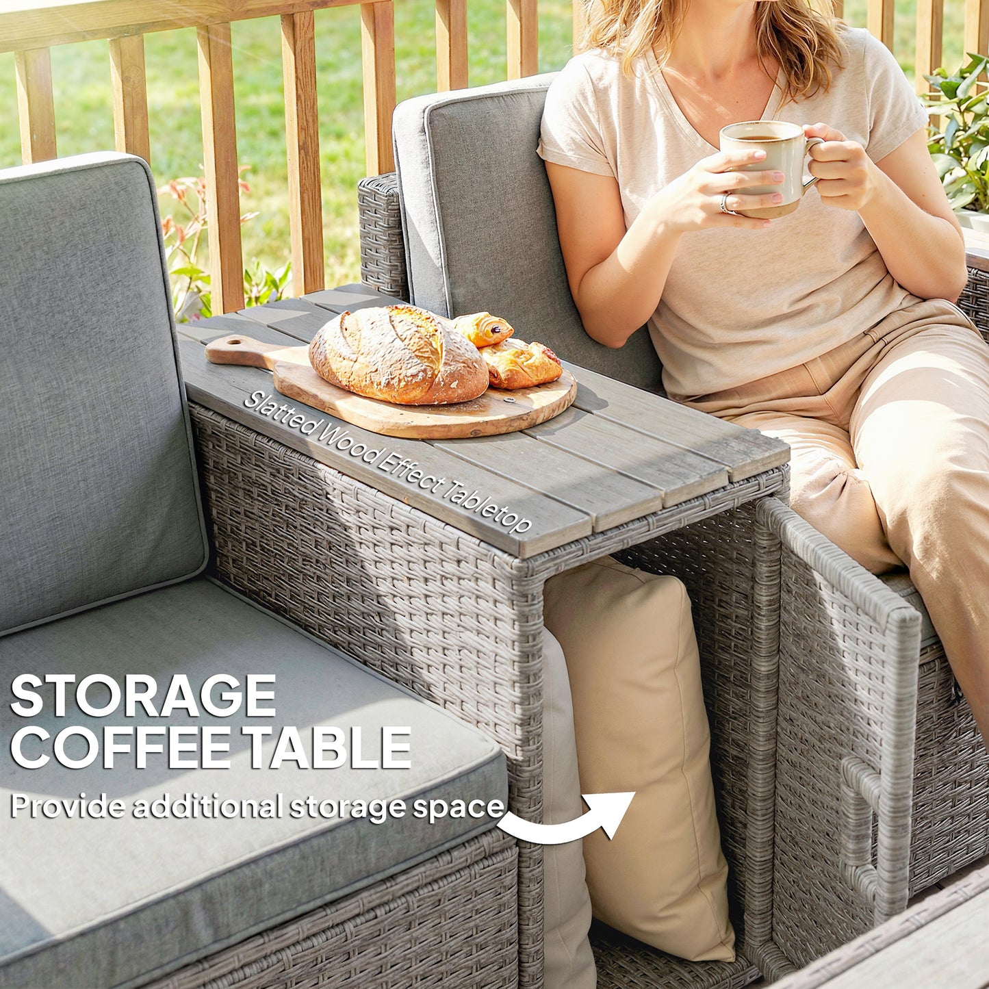 5 Piece Rattan Garden Furniture Set with Storage Table, Footstools