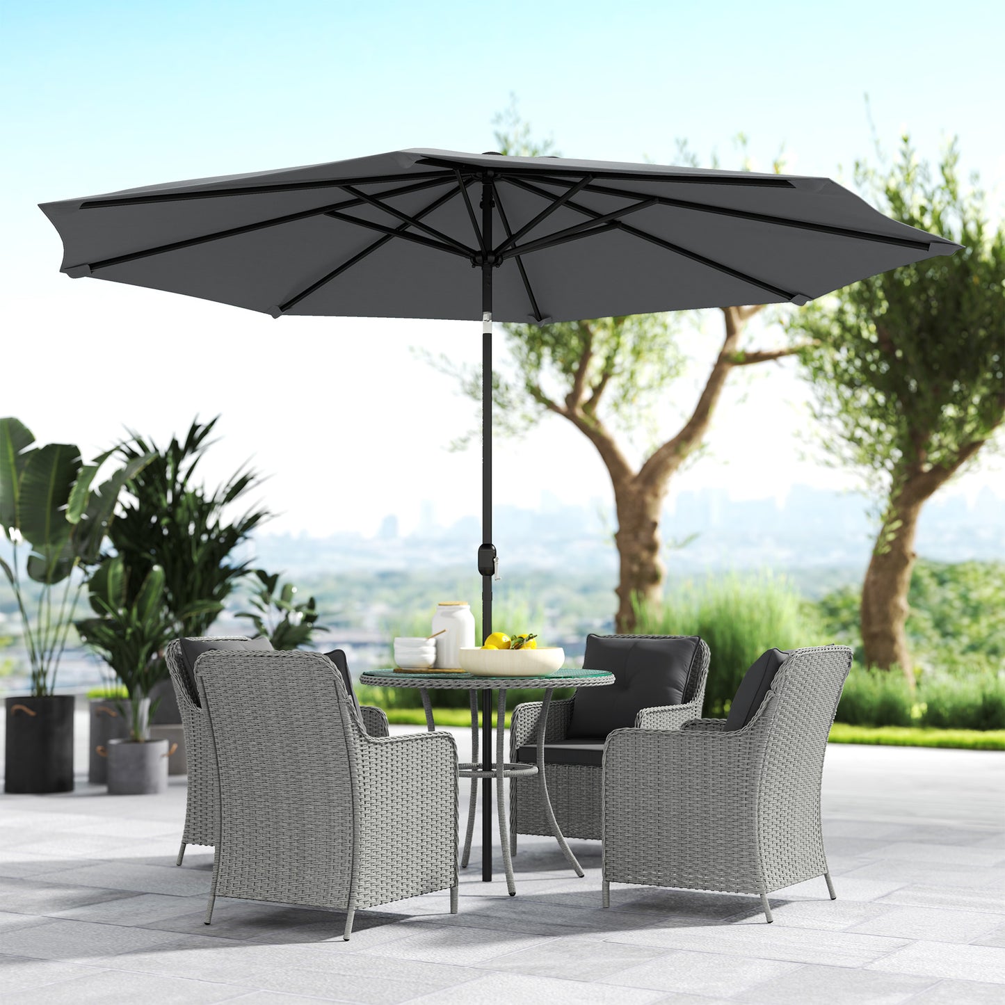 4 Seater Rattan Dining Set with Parasol & Cushions