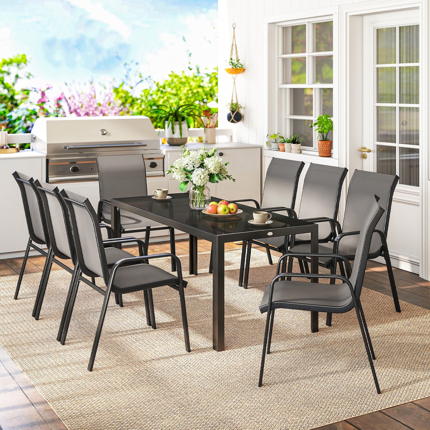 9 Pieces Garden Dining Set, Outdoor Table and Chairs Set for 8