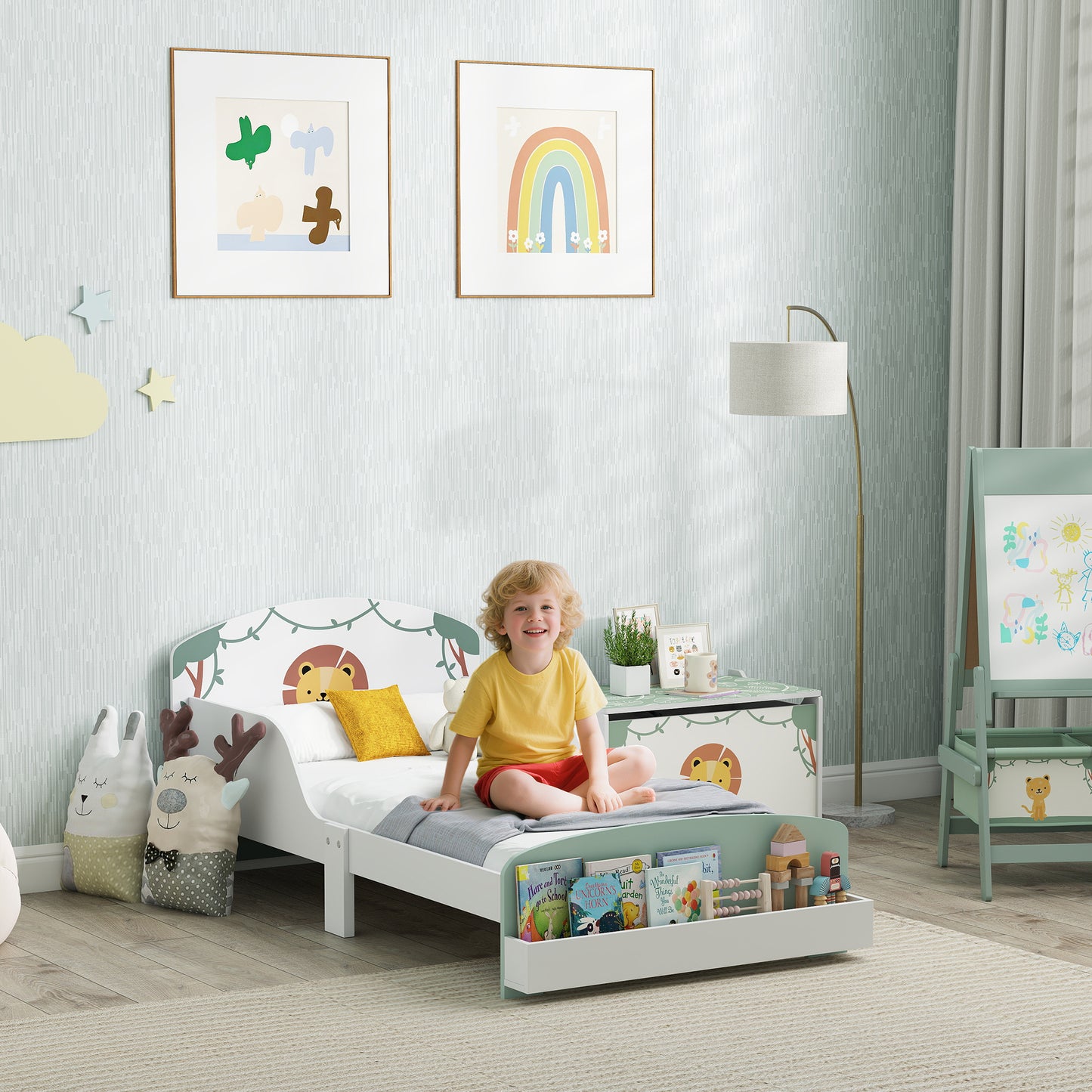 Toddler Bed with Storage, Guardrails, Lion Design