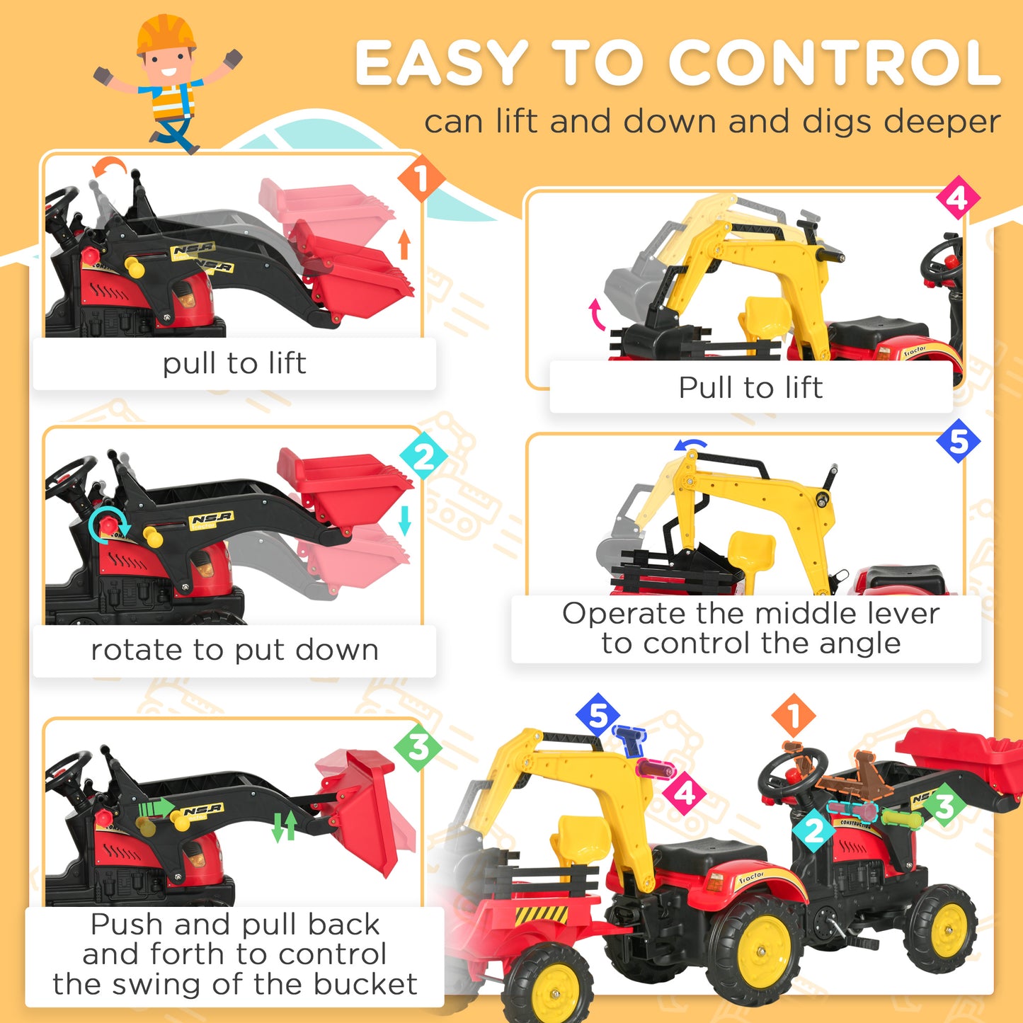 Ride On Tractor for Kids, 3 in 1 Ride On Excavator Toy Car