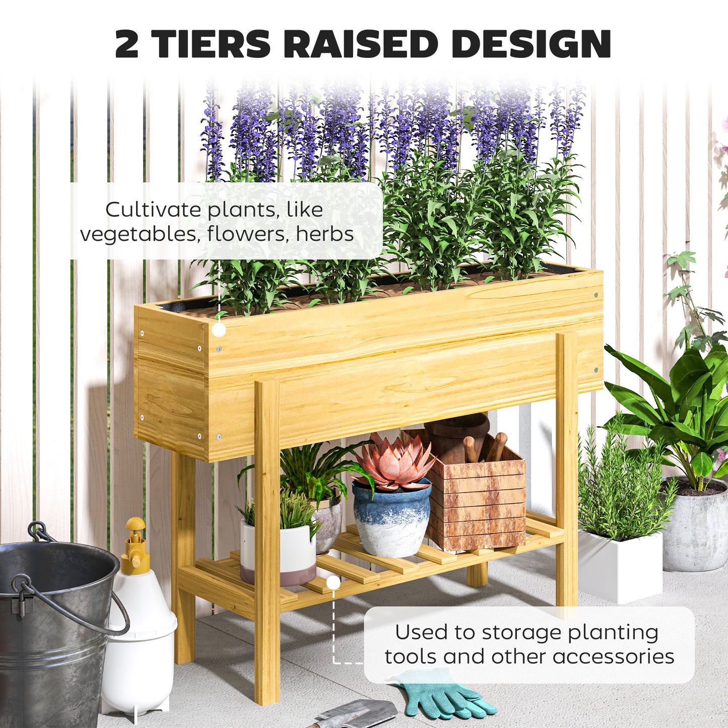 Wooden Raised Garden Bed, Elevated Planter Box with Bed Liner