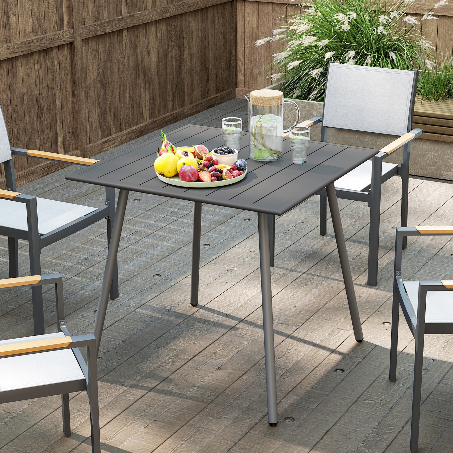 Square Garden Table with Slat Top, Steel Frame
