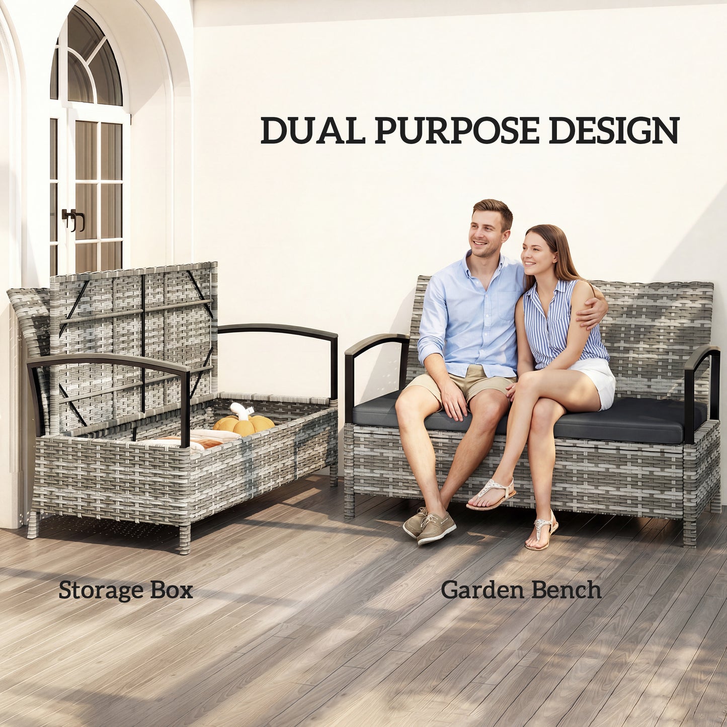 125L Garden Storage Bench, 2 Seater PE Rattan Outdoor Bench Storage