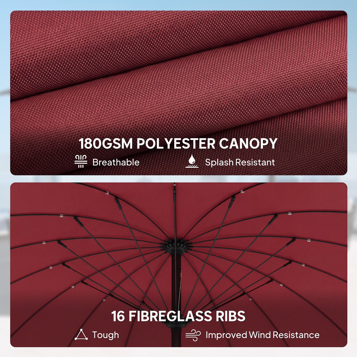 2 m Shanghai Garden Parasol Umbrella with 16 Fibreglass Ribs