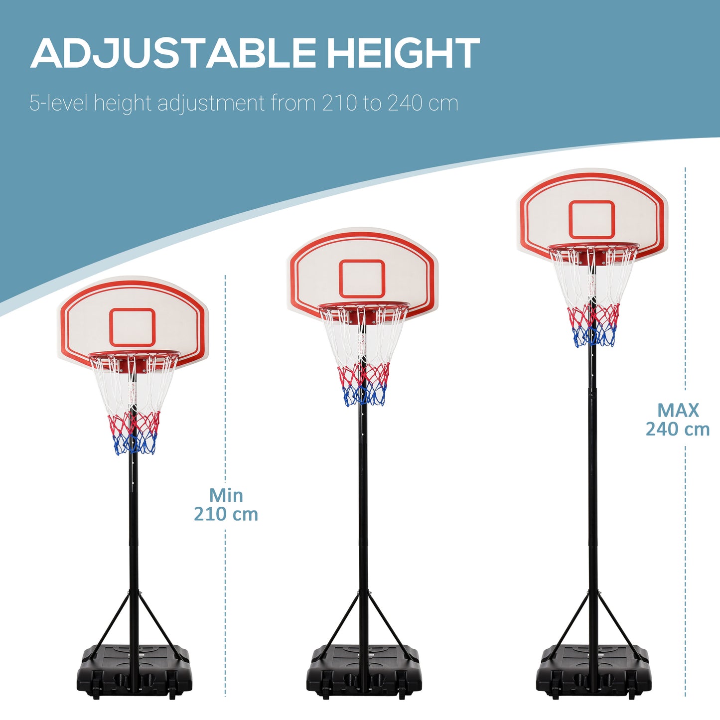 Portable Basketball Stand 170-197cm Adjustable Height Sturdy Rim