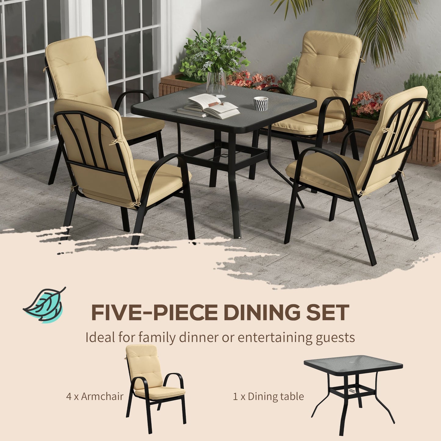 5 Pieces Outdoor Square Garden Dining Set w/ Tempered Glass Dining