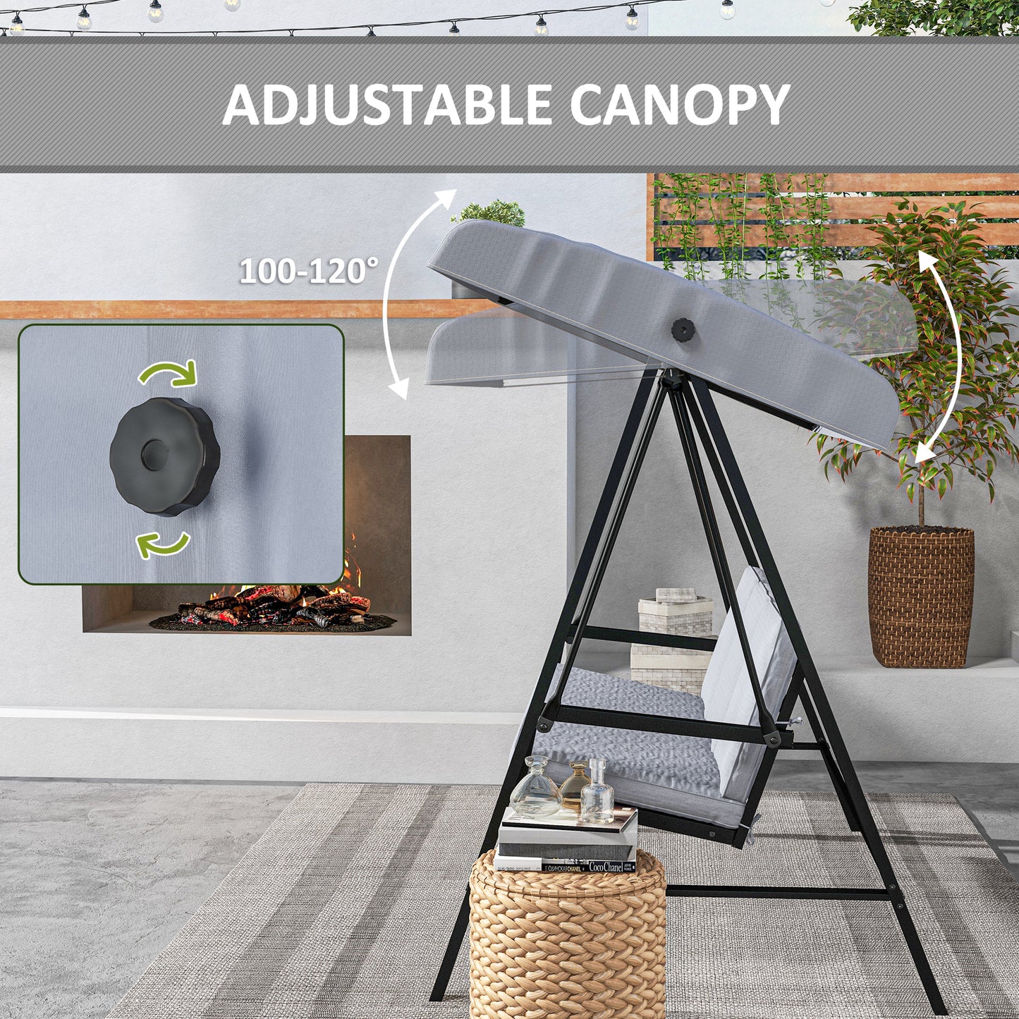 Three-Seat Garden Swing Chair, with Adjustable Canopy