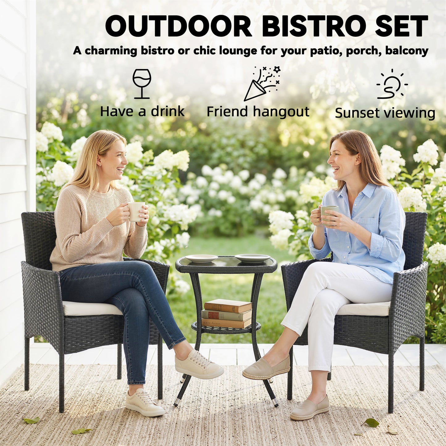 3 Piece Rattan Bistro Set, PE Wicker Garden Furniture Conversation