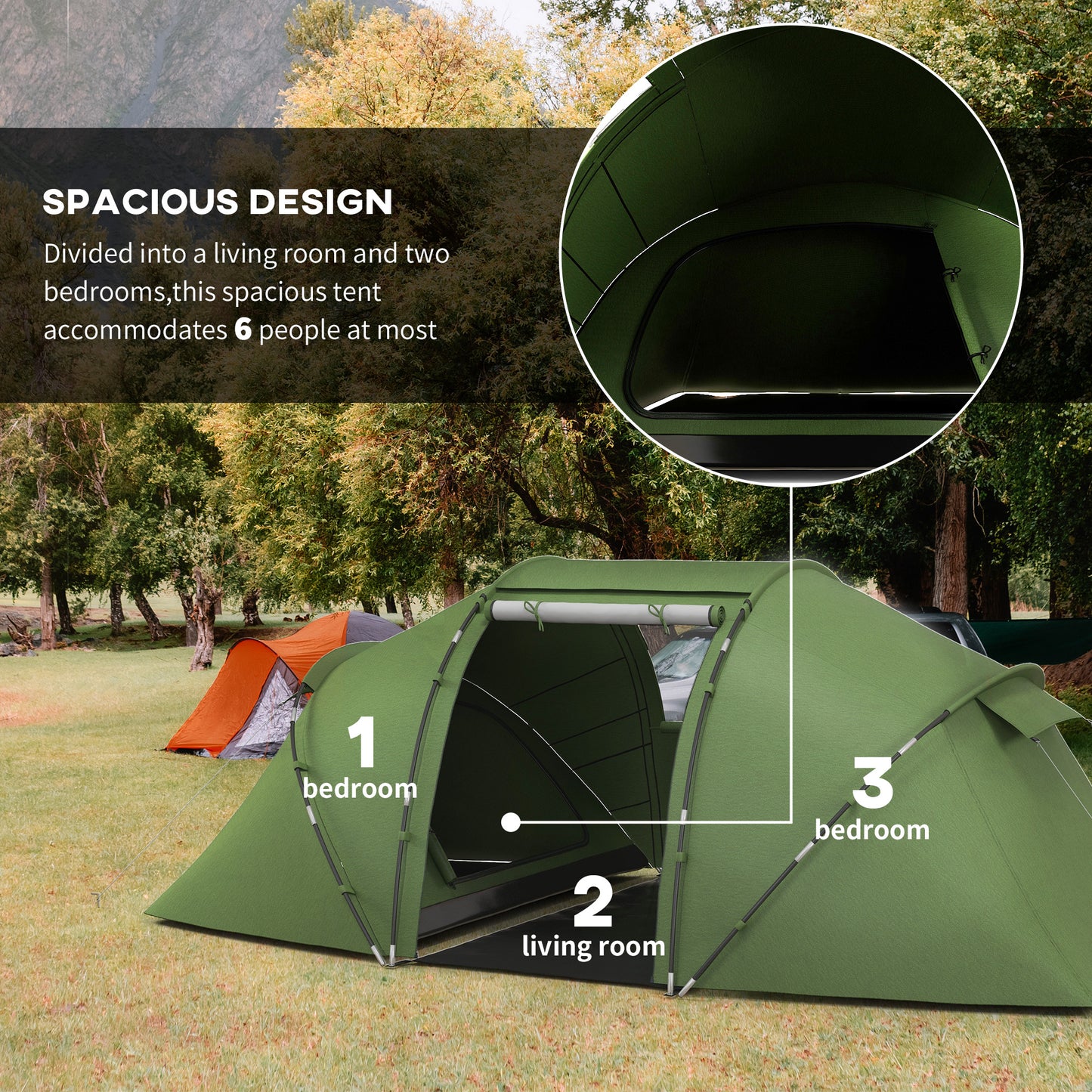 4-6 Man Camping Tent with Living Area and 2 Bedrooms