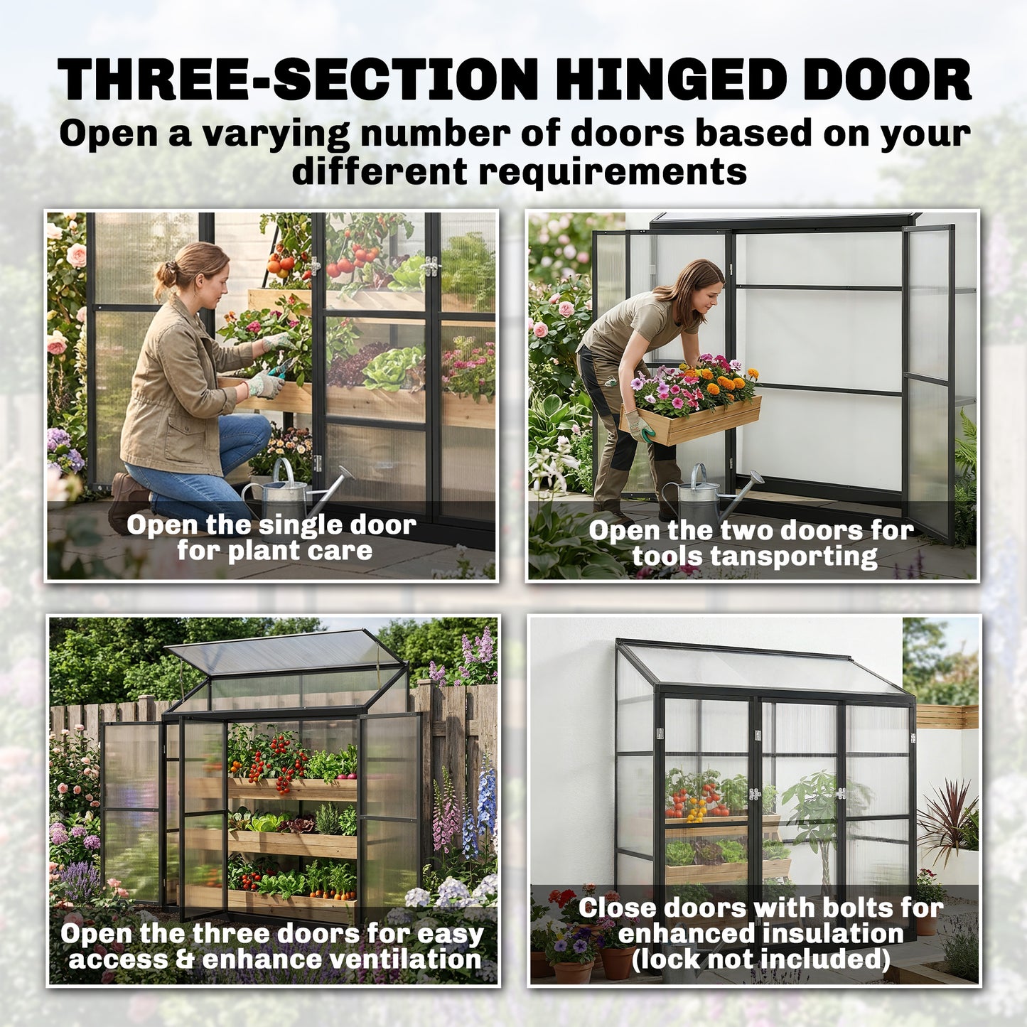 Polycarbonate Greenhouse with 3 Hinged Doors, Top Vent