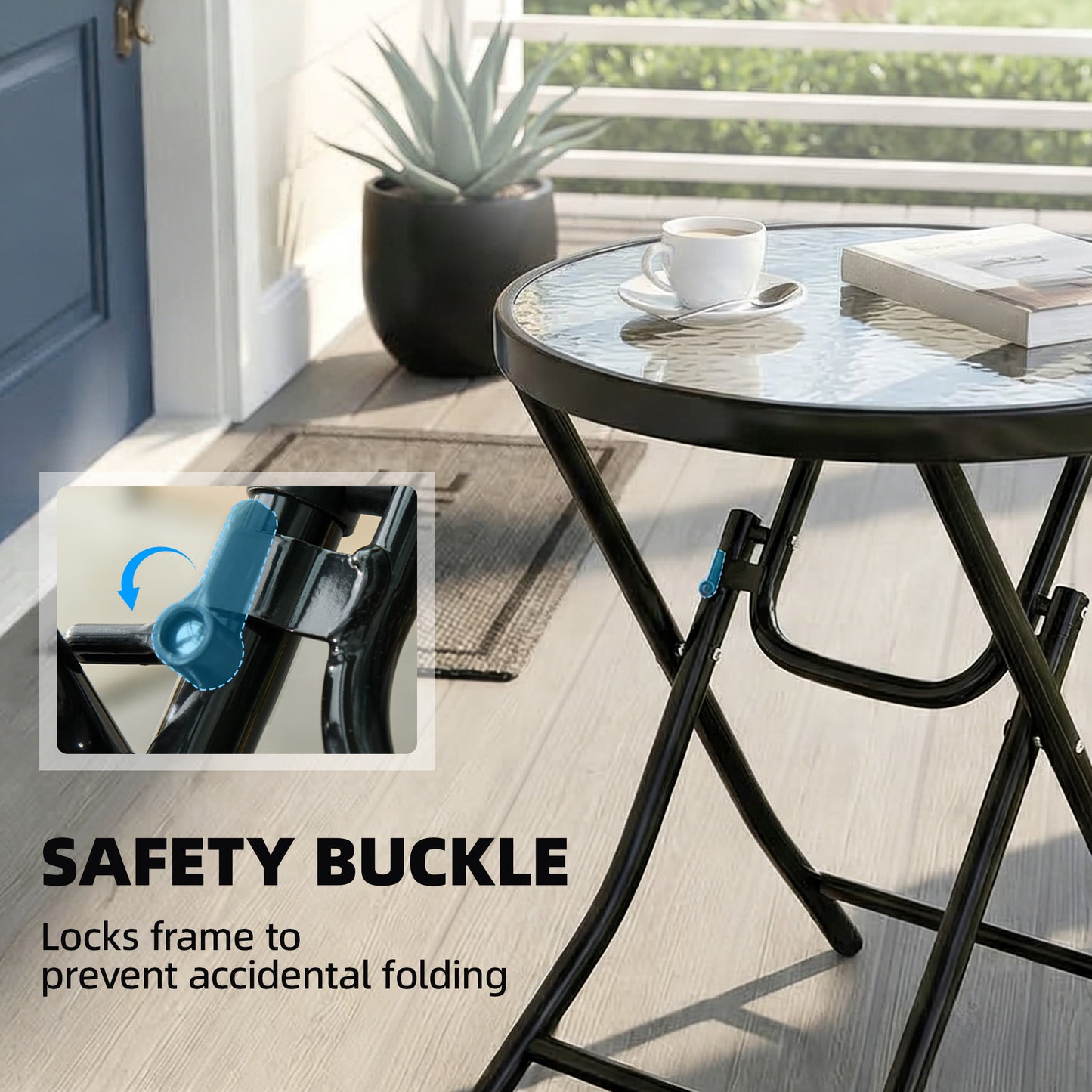 Foldable Garden Table, Round Folding Table with Glass Tabletop