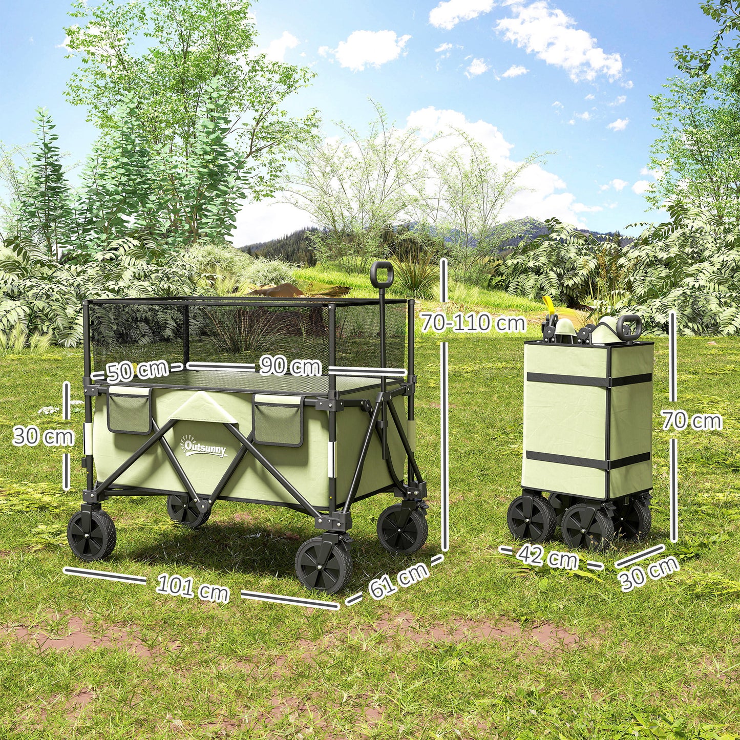 Folding Garden Trolley, 180L Wagon Cart with Extendable Side Walls