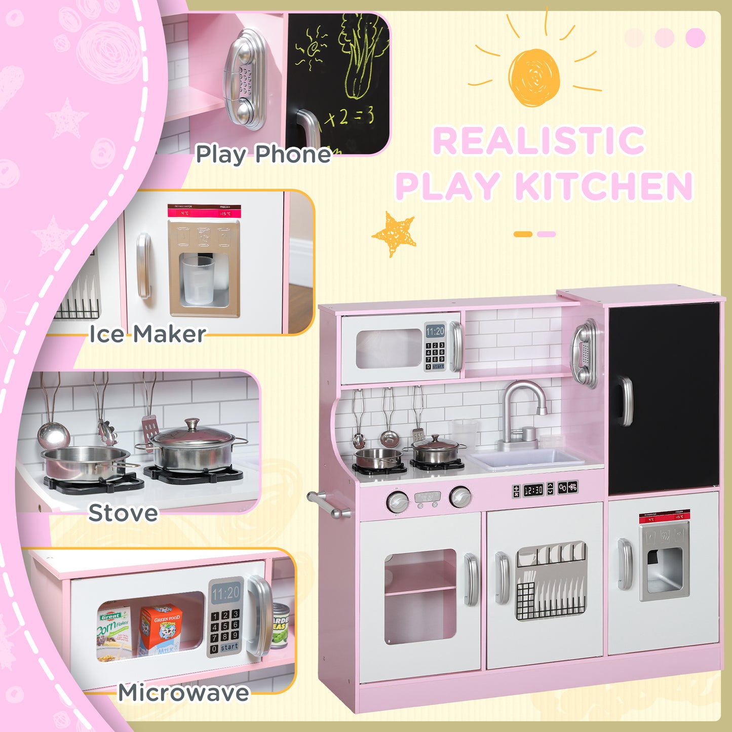 Pretend Play Kitchen, Kids Kitchen Playset w/ Toy Phone, Chalkboard