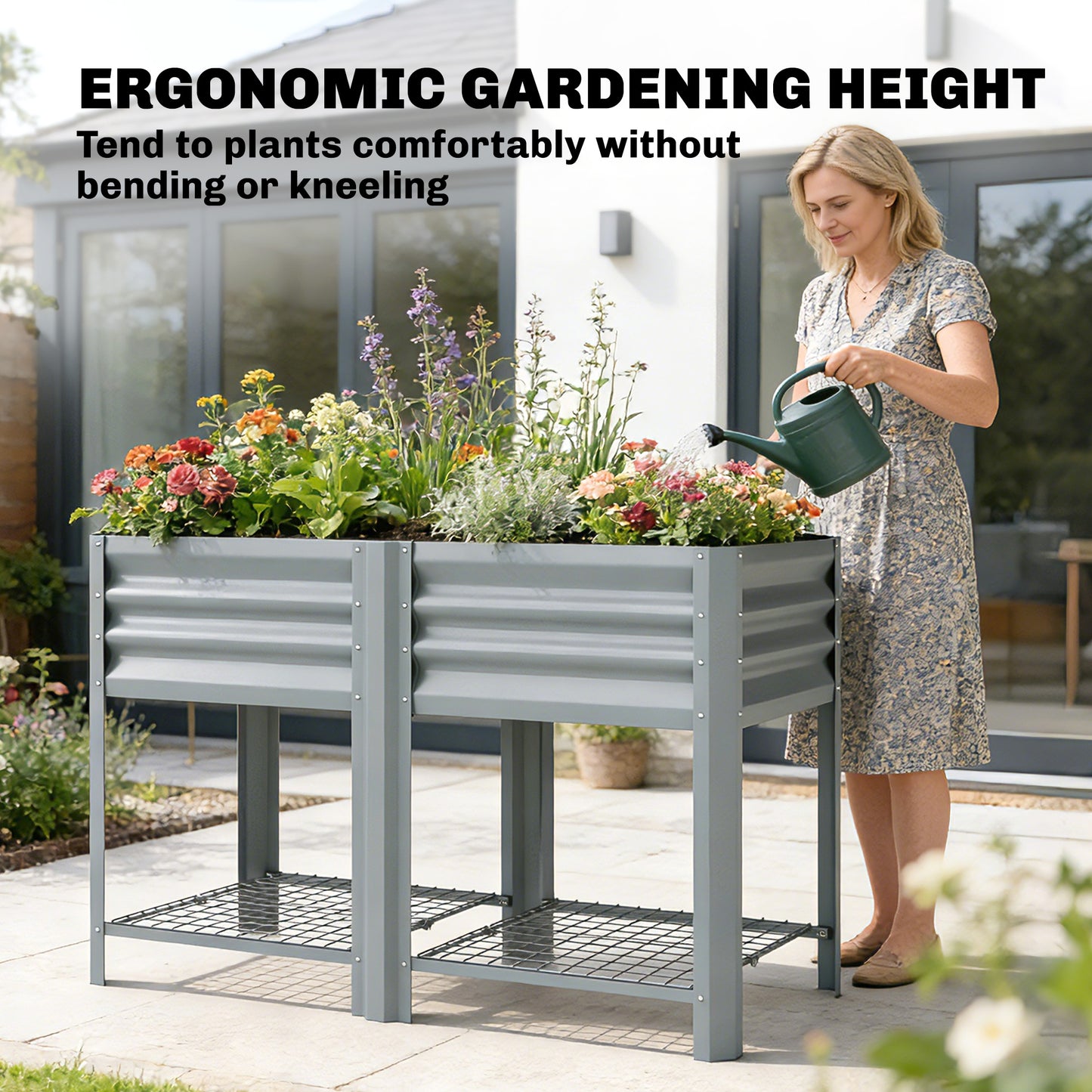 Raised Garden Bed with Storage Shelf Steel Elevated Planter Box