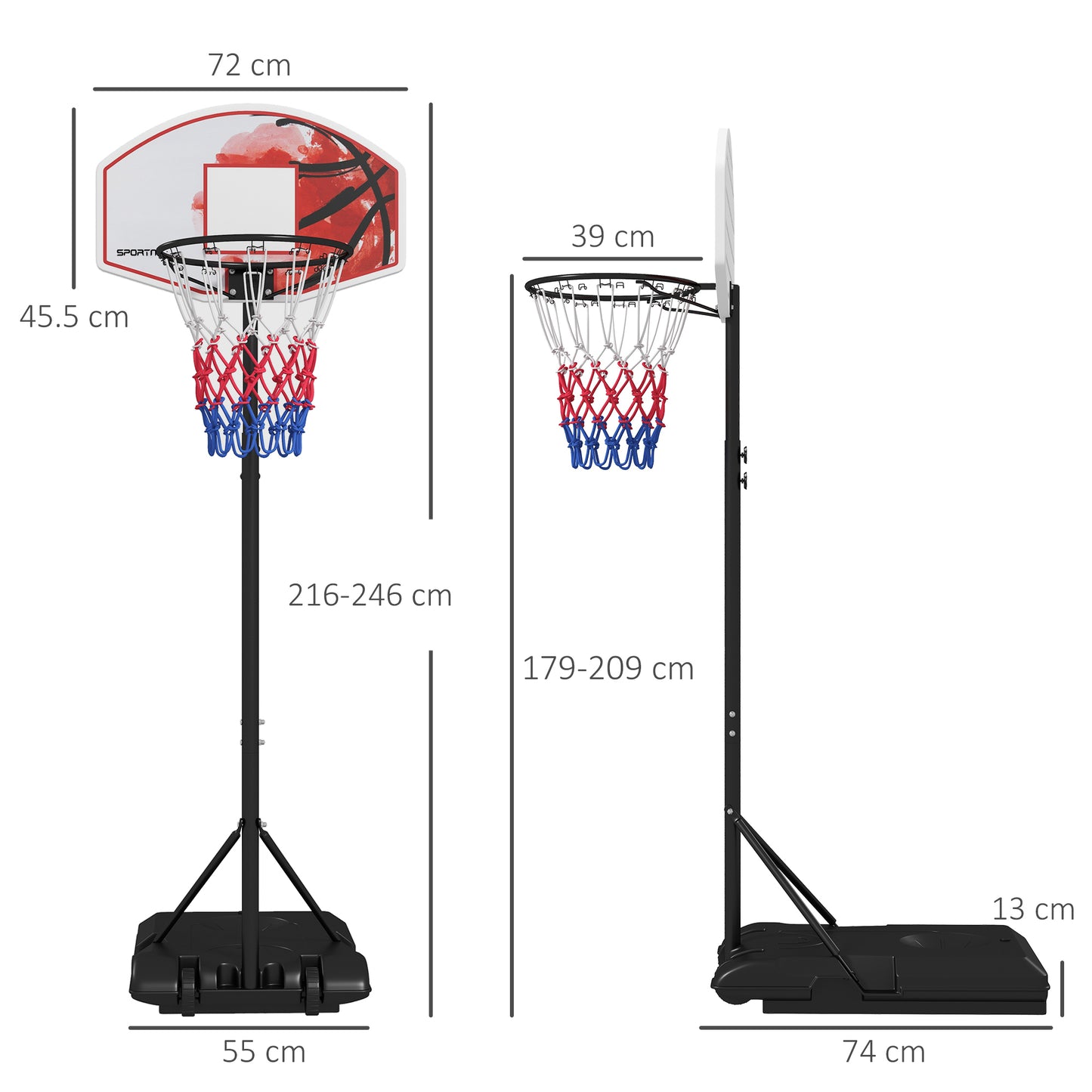 Adjustable Basketball Stand Net System, with Wheels, Enlarged Base