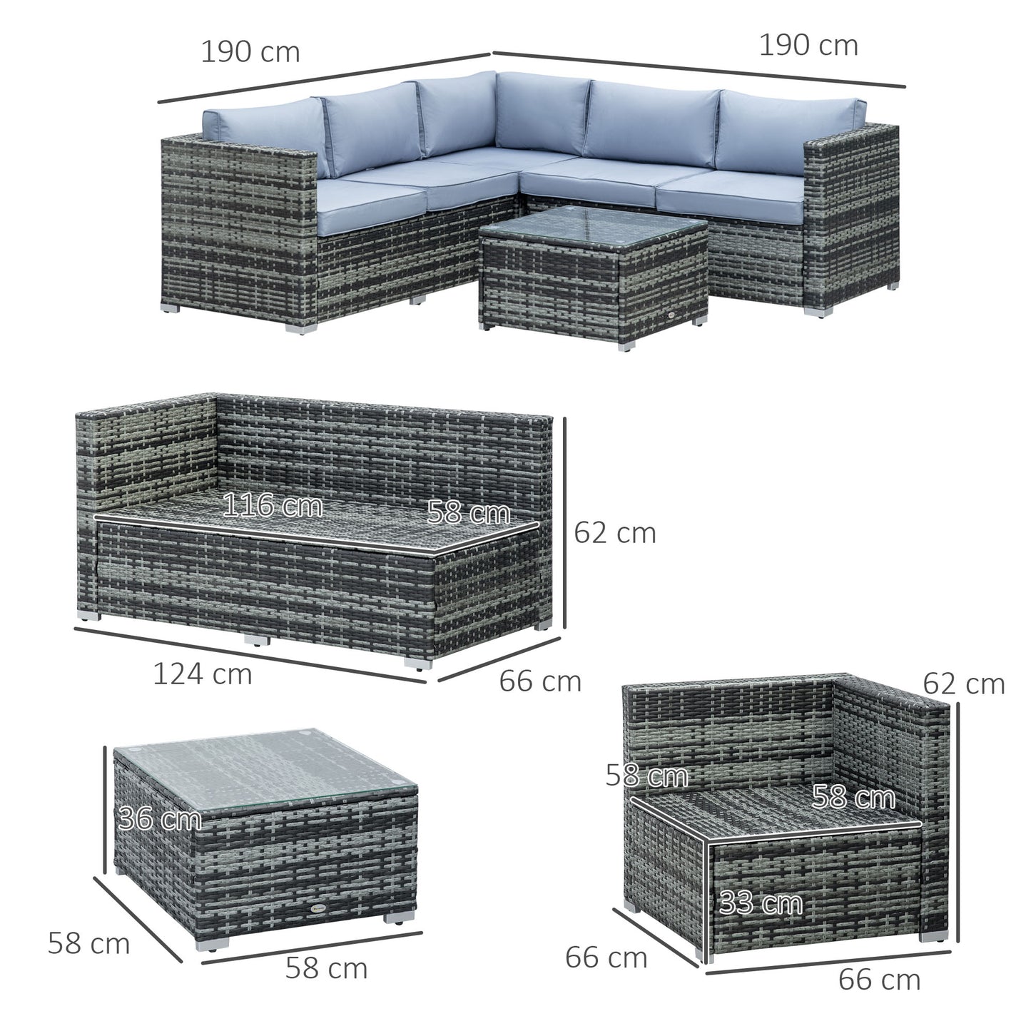 Four-Piece Rattan Sofa Set with 11 Cushions, Steal Frame