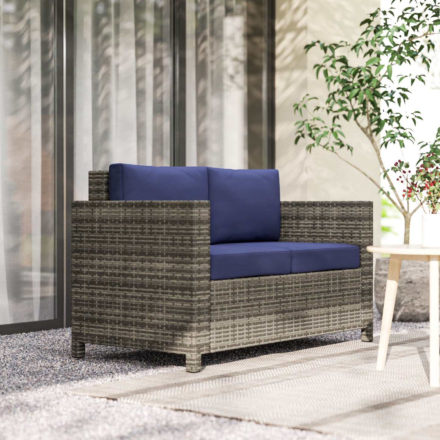 Rattan Sofa, 2 Seater Garden Furniture with Soft Padded Cushion