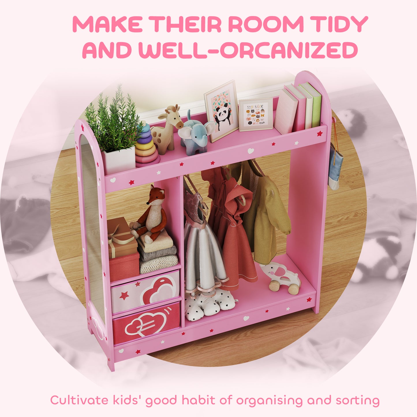 Kids Clothes Rail, Kids Wardrobe with Mirror, Shelves