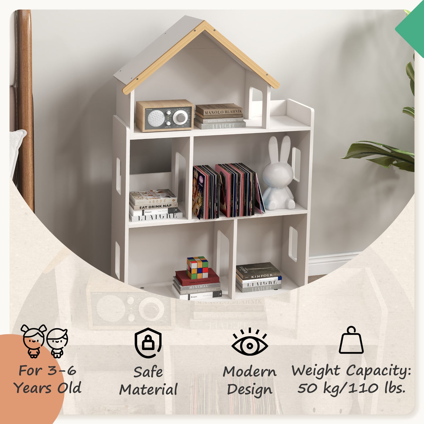 Three-Tier Toy Storage Shelf, Kids Bookcase, with Six Cubes