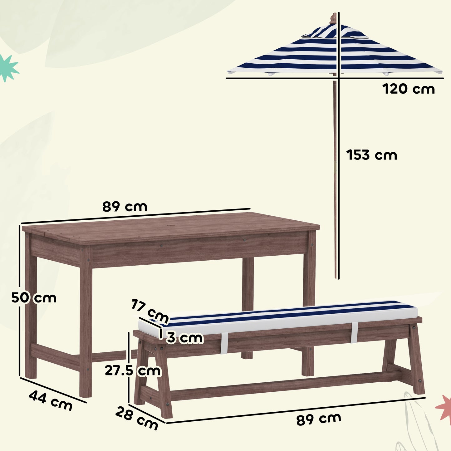 Outdoor Wooden Kids Picnic Table & Bench Set with Cushions