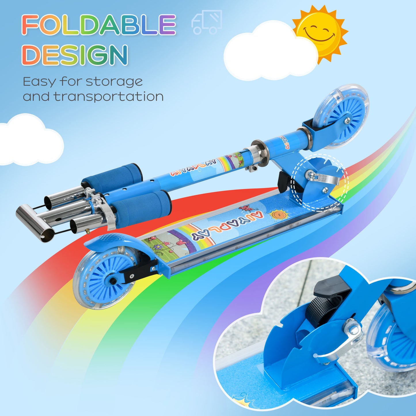 Kids Scooter, with Lights, Music, Adjustable Height, Foldable Frame
