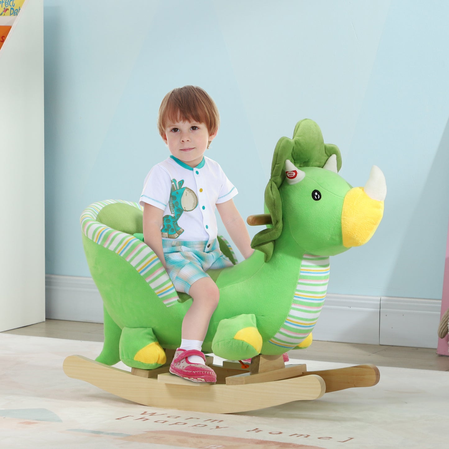 Baby Rocking Dinosaur with Animal Sounds, Safety Belt, Wooden Base